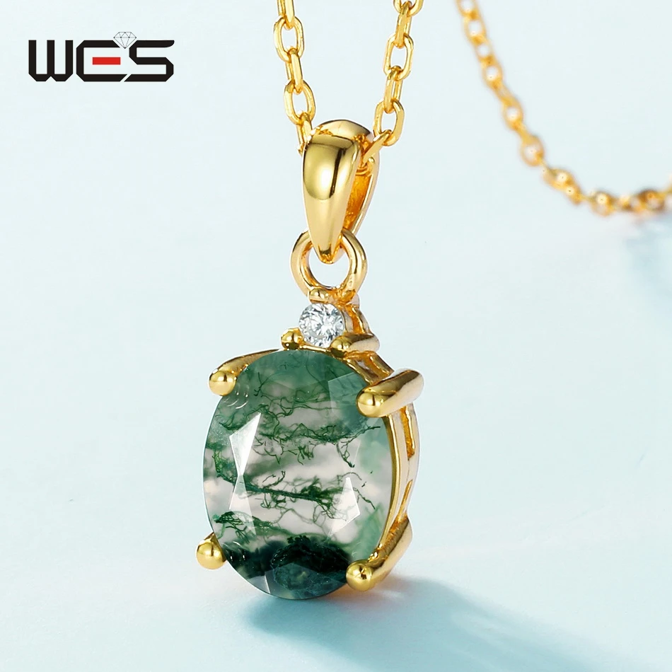 WES 925 Sterling Silver Natural Moss Agate Pendant for Woman No Chain Exquisite Jewelry Engagement Gifts Wholesale Gold Plated 6