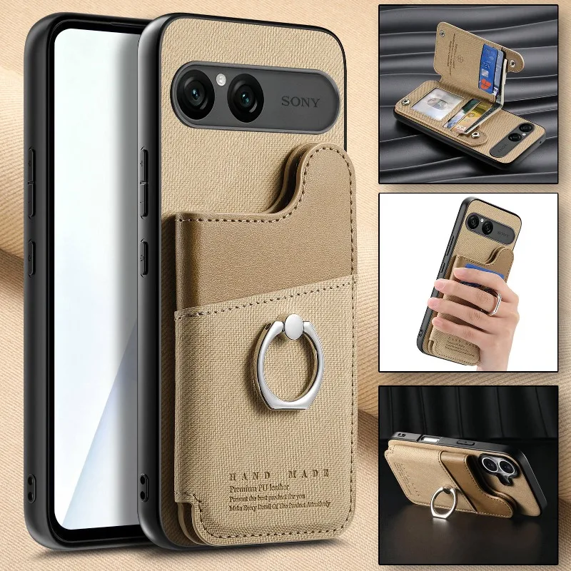 PU Leather Flip Wallet Card Slot Phone Case with Ring Holder and Shockproof Bumper Shell