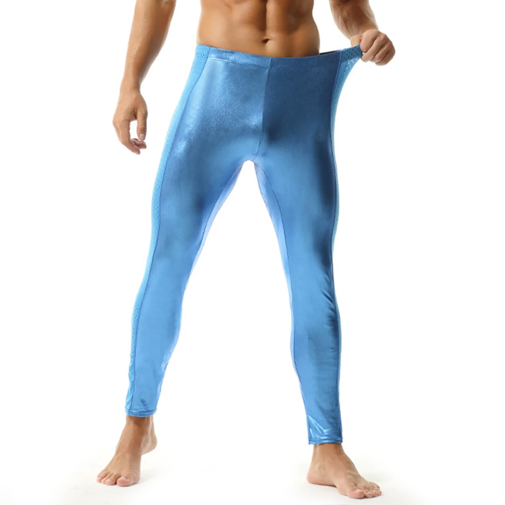 Mens Underwear Shiny Sweatpants Trousers Mesh Breathable Slim Fit Stretch Leggings Erotic Bodysuit Men Leggins Sexy Long Johns