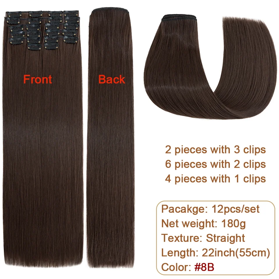 BENEHAIR Straight Clip in Hair Extensions 180g 22" 12PCS for Women Full Head Heat Resistant Synthetic Hairpiece