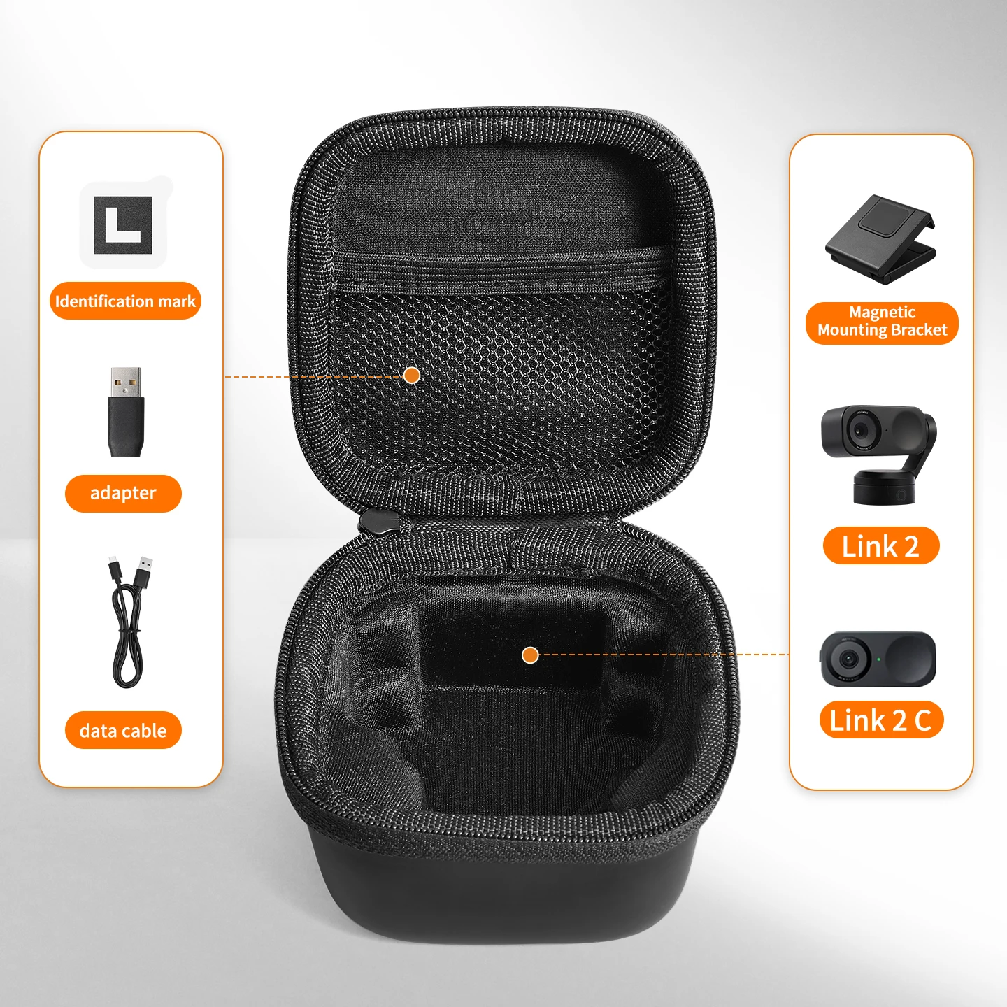 Étui de protection pour Insta360 Link 2PRO avec anse de transport et poches intérieures rembourrées.