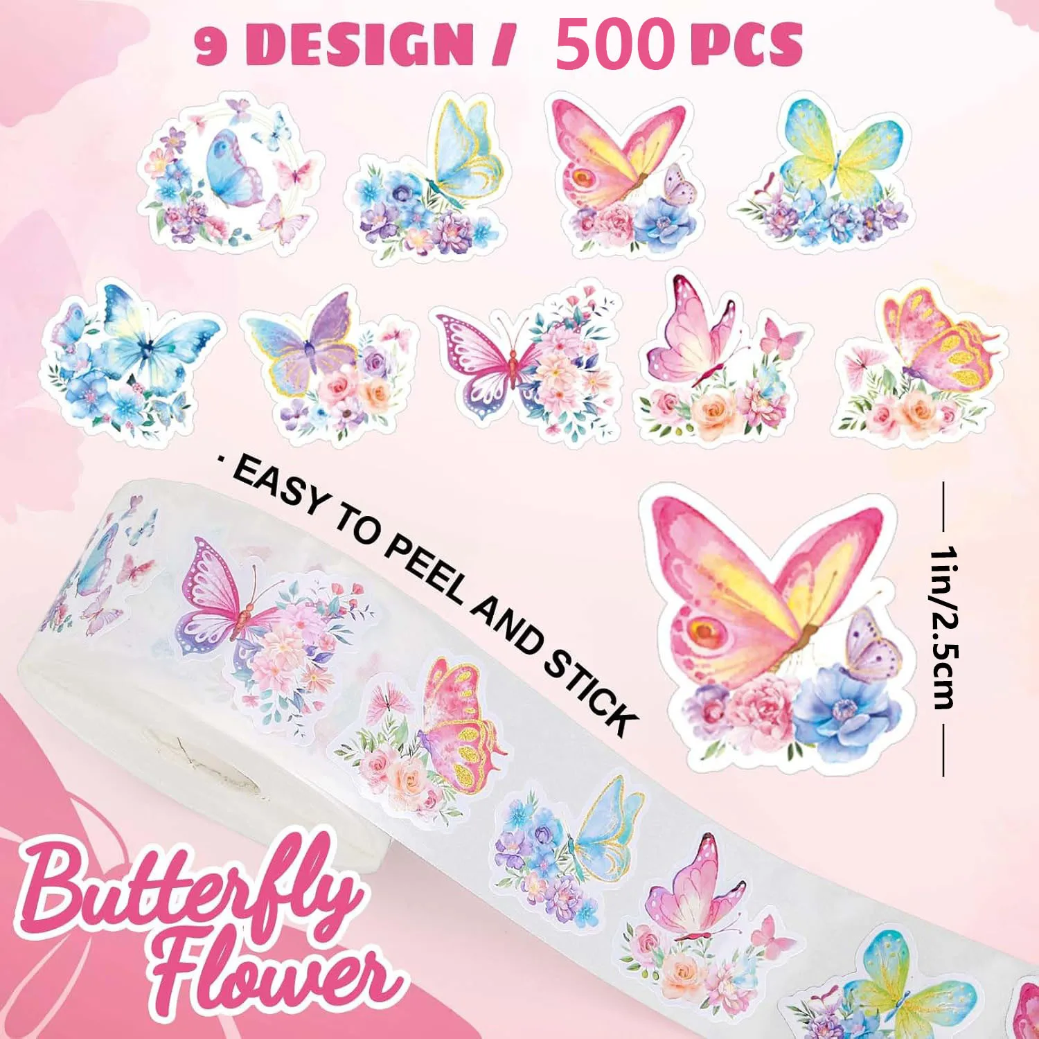 500pcs 나비 꽃 스티커 롤 8 디자인 다채로운 나비 데칼 장식 꽃 귀여운 스티커 파티 호의 장식