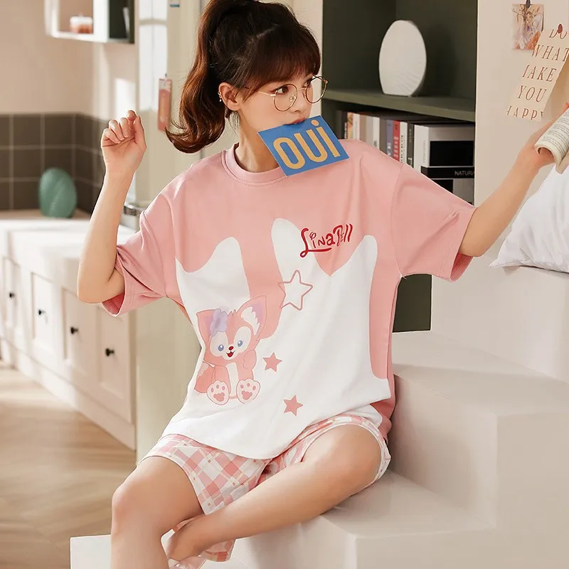 

Pajamas Women's Summer 2023 New Cotton Short Sleeve Korean Cartoon Cute Large Loose Shorts Thin Homewear Round Neck Pullover