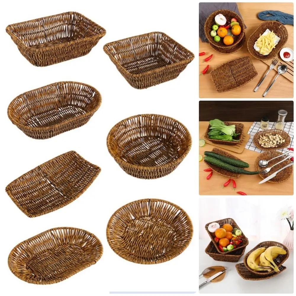 1Pcs Breakfast Bread Food Handwoven Rattan Basket Fruit Vegetable Cake Wicker Round Rectangular Shape Storage Tray 3