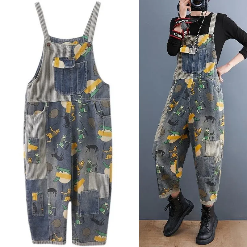 

2023 Spring Autumn Women Denim Jumpsuit Elegant Suspenders Vintage Floral Overalls Elegant Loose Female Jeans Rompers