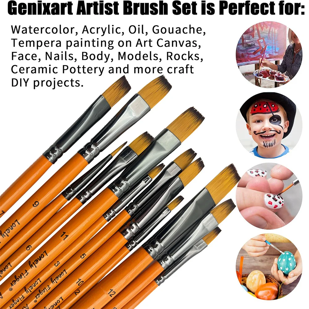 12pcs Premium Flat Art Paintbrush Set - Durable Anti-Shedding Synthetic Nylon Bristles for Watercolor Acrylics Gouache Painting 4