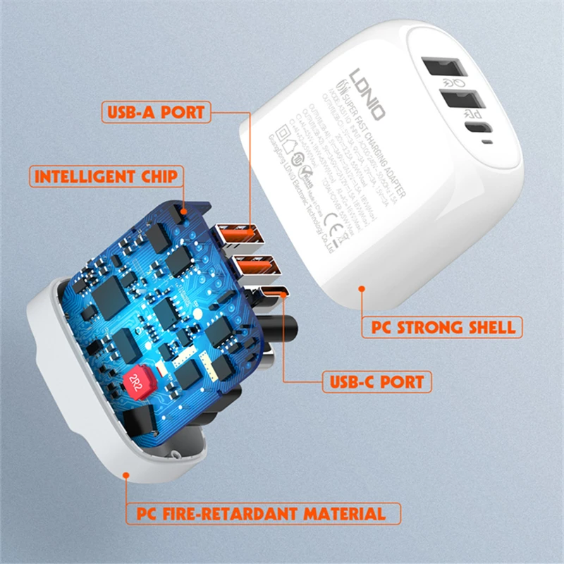 LDNIO A3511Q Netzladegerät GaN-Ladegerät , 2x USB + USB-C, 65W