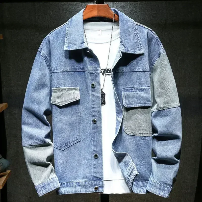 thumbnail image 1 of Chaqueta vaquera para hombre, con botones empalmados japoneses, abrigos vaqueros para hombre, moda estética de otoño e invierno, gran tamaño, 2024, tela de gran tamaño, 1 of 4