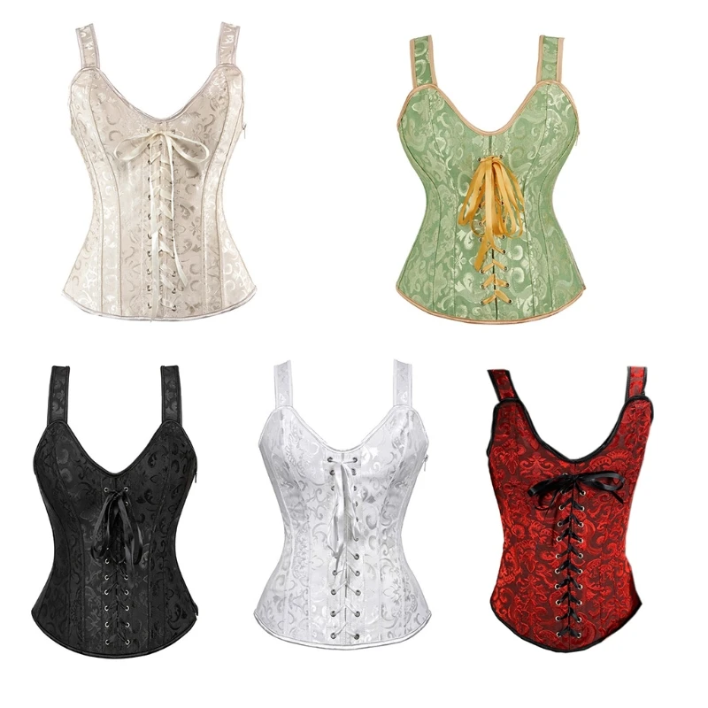 

N7YD Corset Crop Tops Boned Waist Corset With Straps Jacquard Overbust Vintage