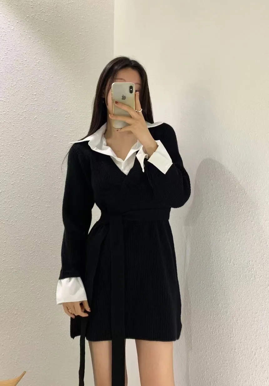 Korean Chic Mini Dresses Women Turn-down Collar Long Sleeve Shirt Patchwork Autumn Winter Knitted Dress Casual Fashion Vestidos