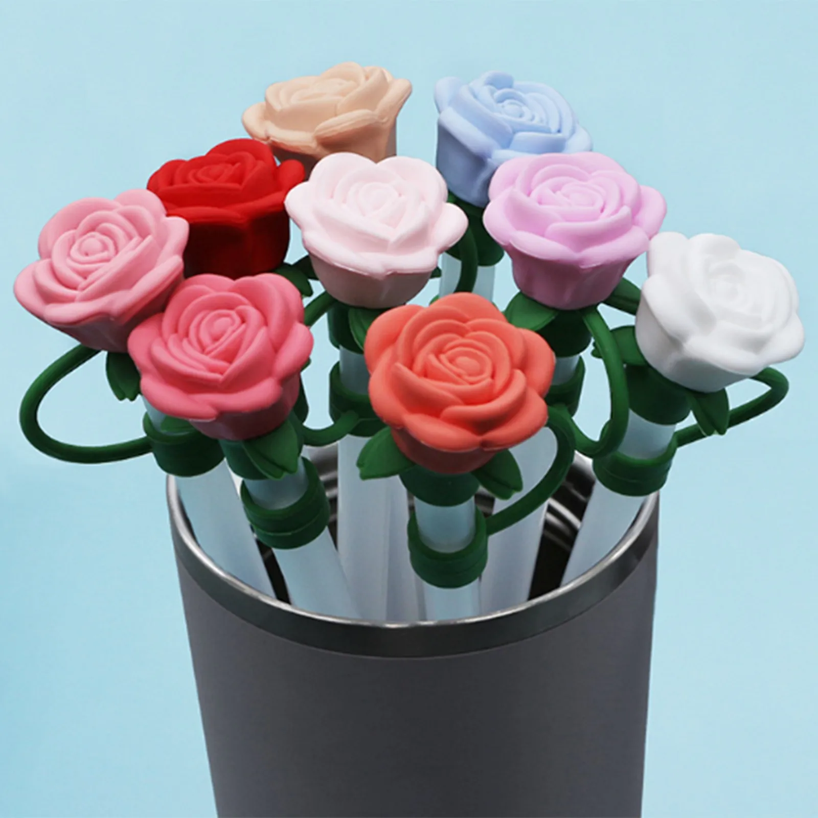 Valentine's Day Straw Covers Cap For Cup Rose Flower Straw Toppers Reusable Rose Flowers Proof Tip Cover For Valentine's Gift straw covers