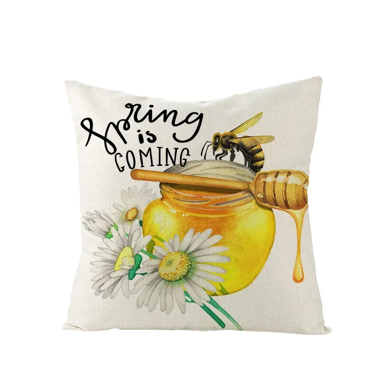thumbnail image 1 of Funda de cojín de lino con estampado de girasol y abeja para decoración del hogar, 45 x 45 cm, estilo rústico, 1 of 4