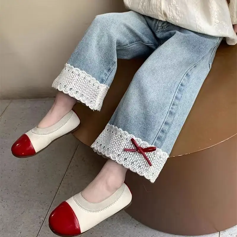Red bow lace straight pants