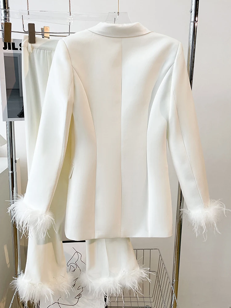 Women's Party Dress Suit 2 Piece White Formal Feather Trim Blazer Pant Suit  Lady Slim Fit