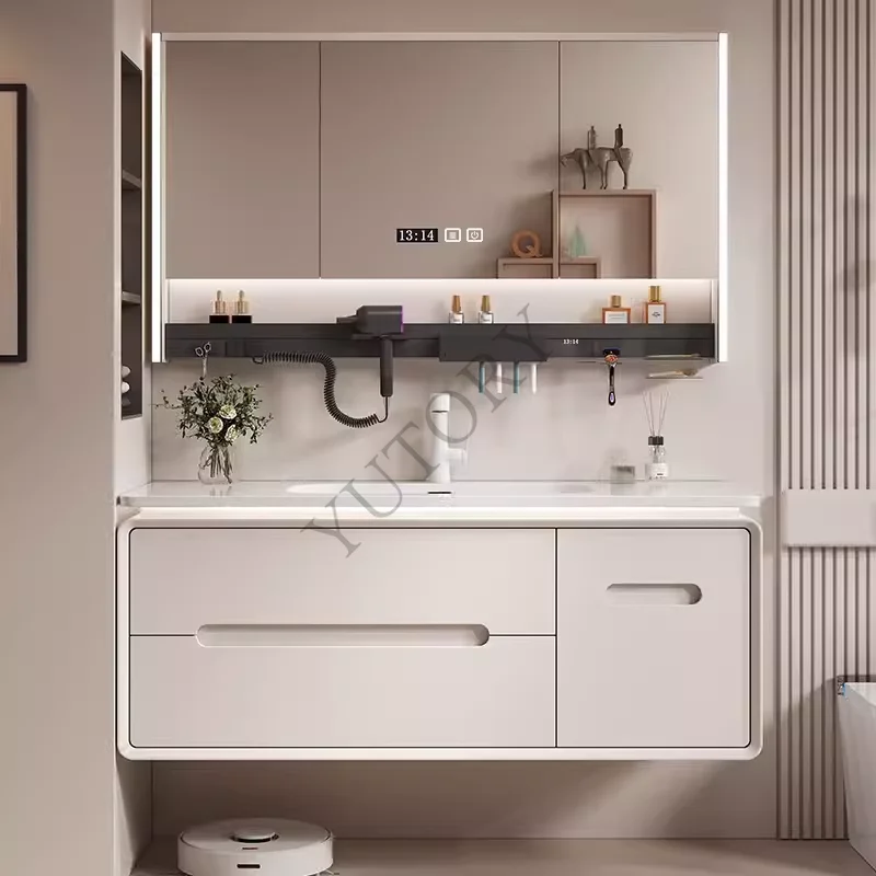 Cream Wind Light Luxury Oak Integrated Ceramic Basin Bathroom Cabinet Combination Bathroom Wash Table Washbasin