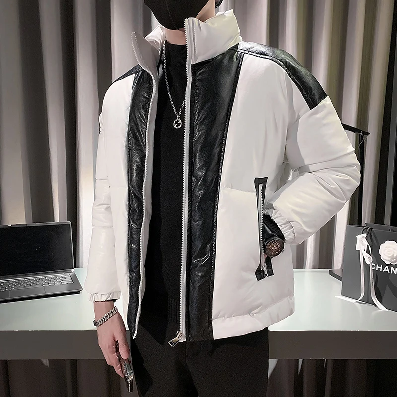 

2022 Winter Parkas Jackets Men Fashion PU Splicing Thicken Zipper Coat Stand Collar Warm Casual Overcoat Streetwear Men Clothing