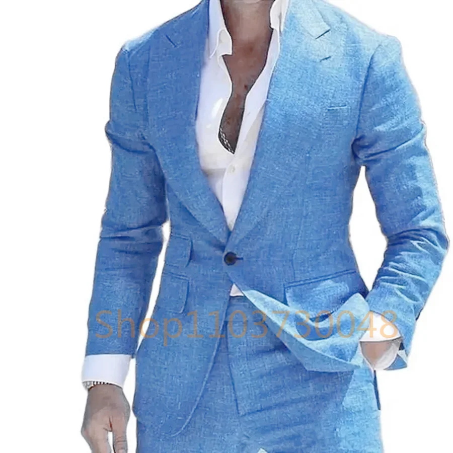 Casual Light Blue Linen Men Suit Slim Fit Peak Lapel One Button Blazer with Pants High Quality 2 Piece Summer Prom Costume Homme