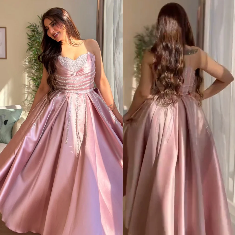 High Quality Sparkle Exquisite Satin Draped Pleat Sequined Engagement A-line Strapless Bespoke Occasion Gown Long Dresses
