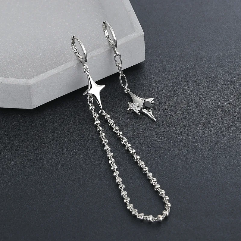 Star Chain Sterling Silver Earrings For Women - CZ Tassel Drop Dangle Studs