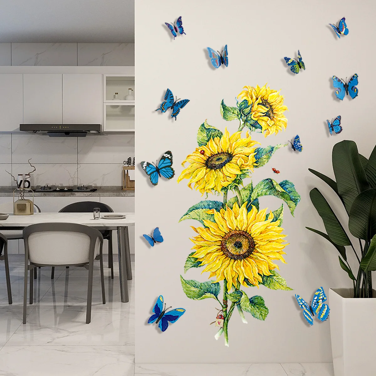 Self-Adhesive Sunflower Wall Stickers with Butterflies Removable Wall Decals for Living Room & Bedroom Decor
