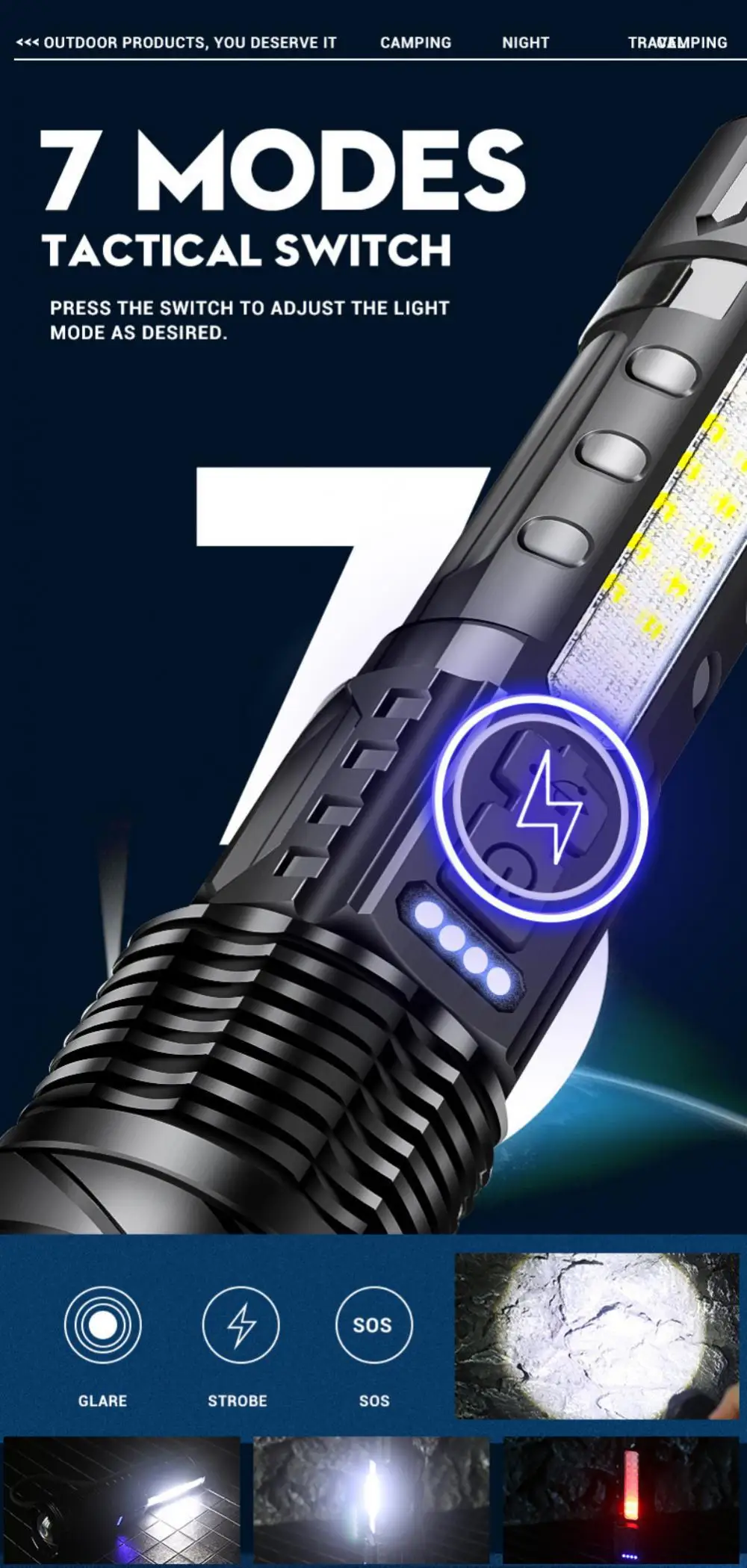 Description Picture 2 of itemPowerful XHP50 LED Flashlight Waterproof 18650 Torch With Side Light 7 Modes Camping Fishing Lantern USB Rechargeable Zoom Lamp