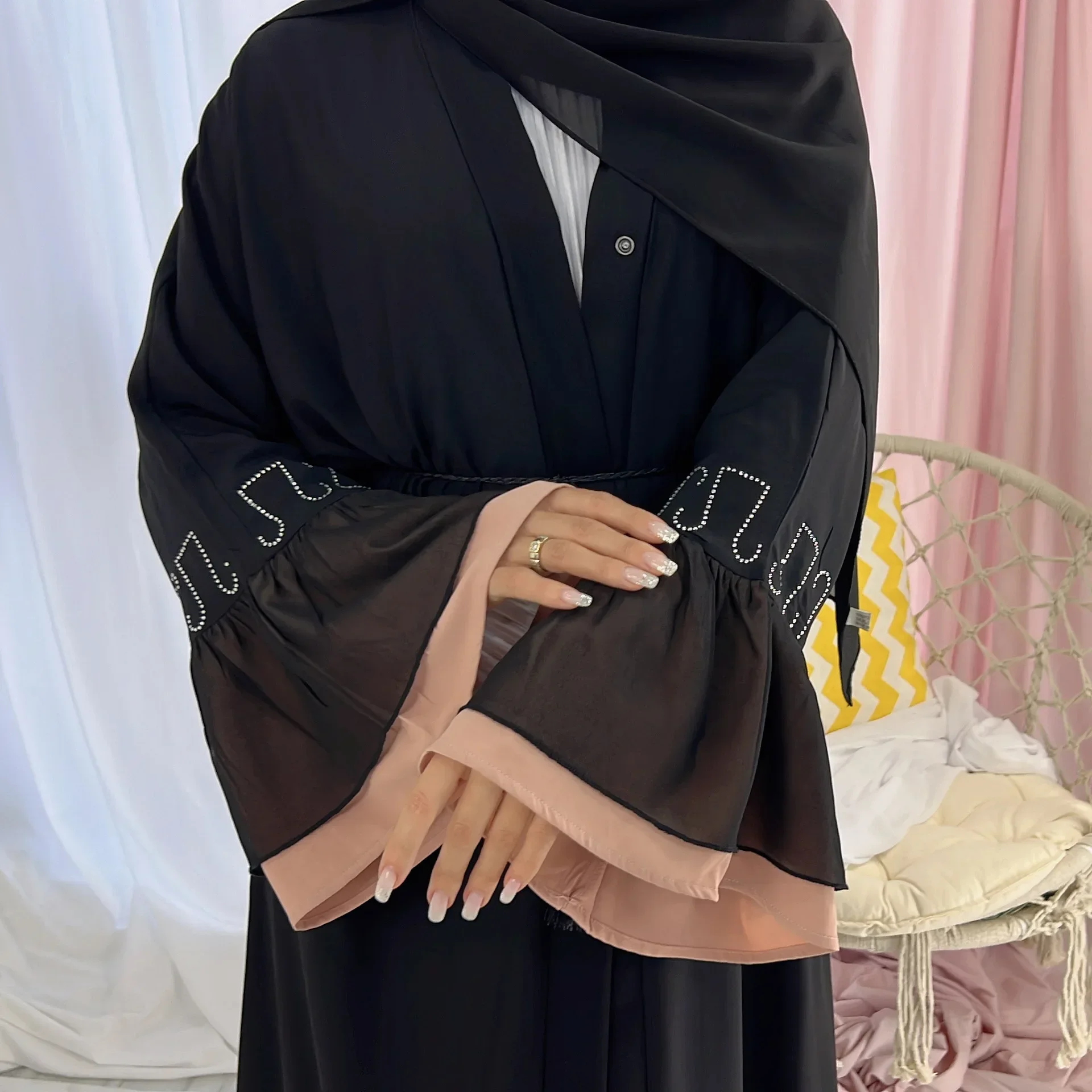 Open Abaya Dubai Flare Sleeve Lace Black Kimono for Women Cardigan Muslim Long Party Hijab Dress Islam Outfit Ramadan Eid Kaftan