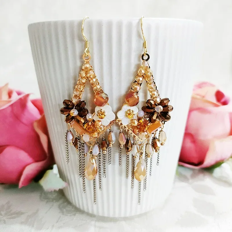 

Retro Tassel Earrings Shell Flower Crystal Earrings Hypoallergenic Ear Hooks for Women Exaggerated Korean Jewelry Gift