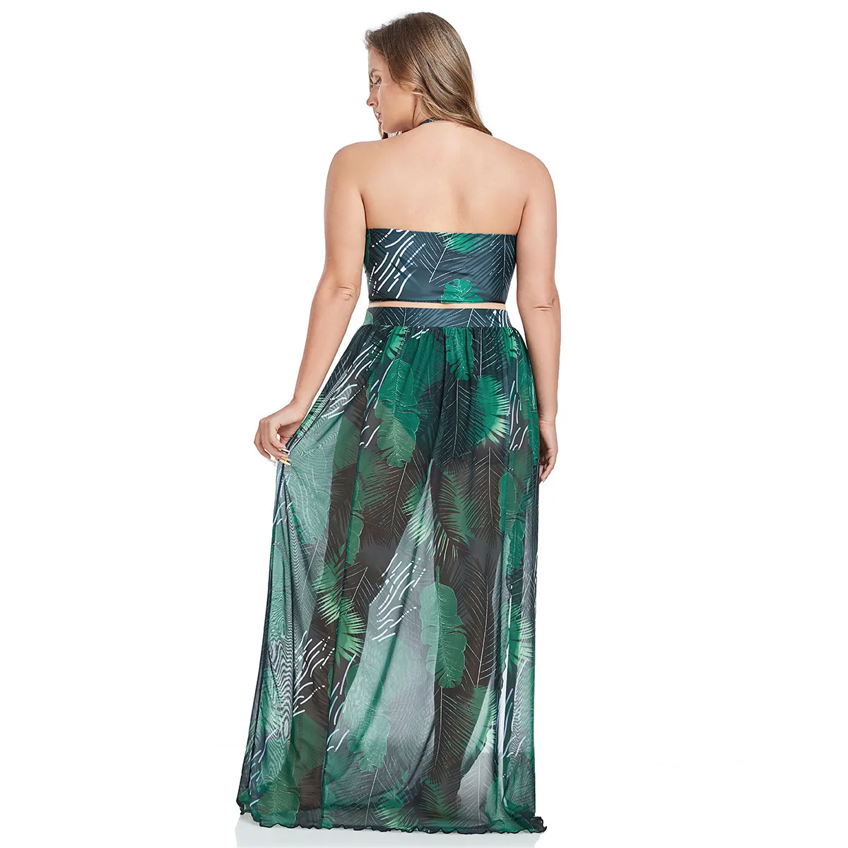 Cover Up Bikini Set shown from another angle with tropical print and flowing maxi layer