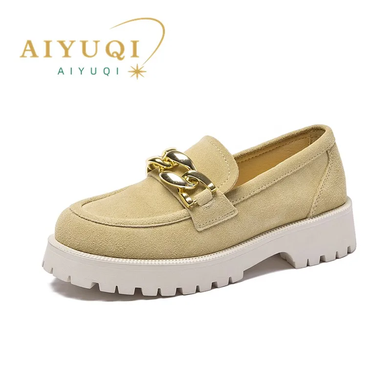 AIYUQI Women Loafers Suede Genuine Leather 2025 New Chain British