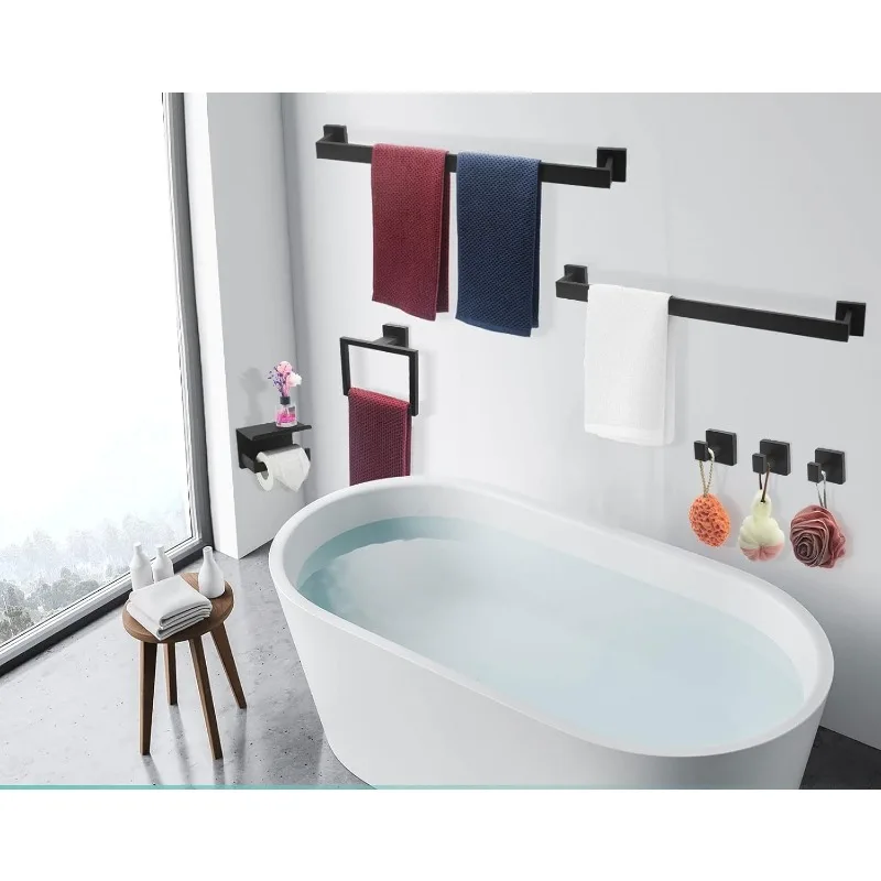 7 Piece Bathroom Hardware Set Black Towel Bar Set Matte Black Bathroom Hardware Accessories with 2 Towel Bars