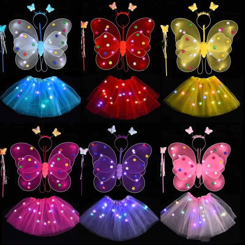 Tutu Skirt Butterfly Sequin Wings Glowing Mesh Glow Party Girls 1st 2nd Birthday Party Dress Up Little Fairy Baby Shower tutu skirts fairy wings cloak birthday party decorations