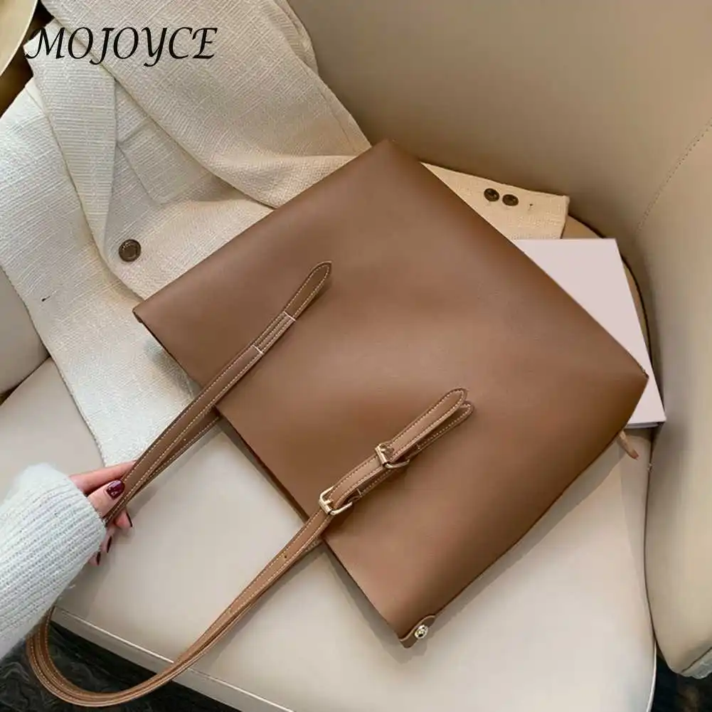 Women Fashion PU Leather Tote Zippered Solid Color Large