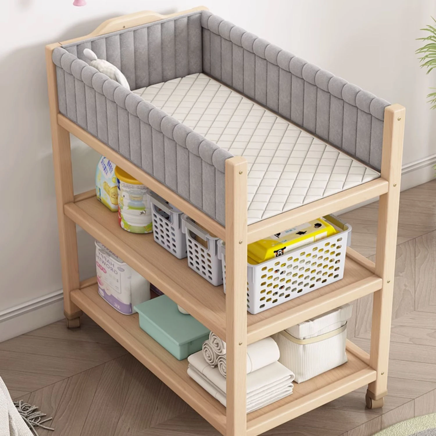 Multifunctional Beech Wood Diaper Table, Solid Wood Frame And Cotton Mat In The Parcel Include