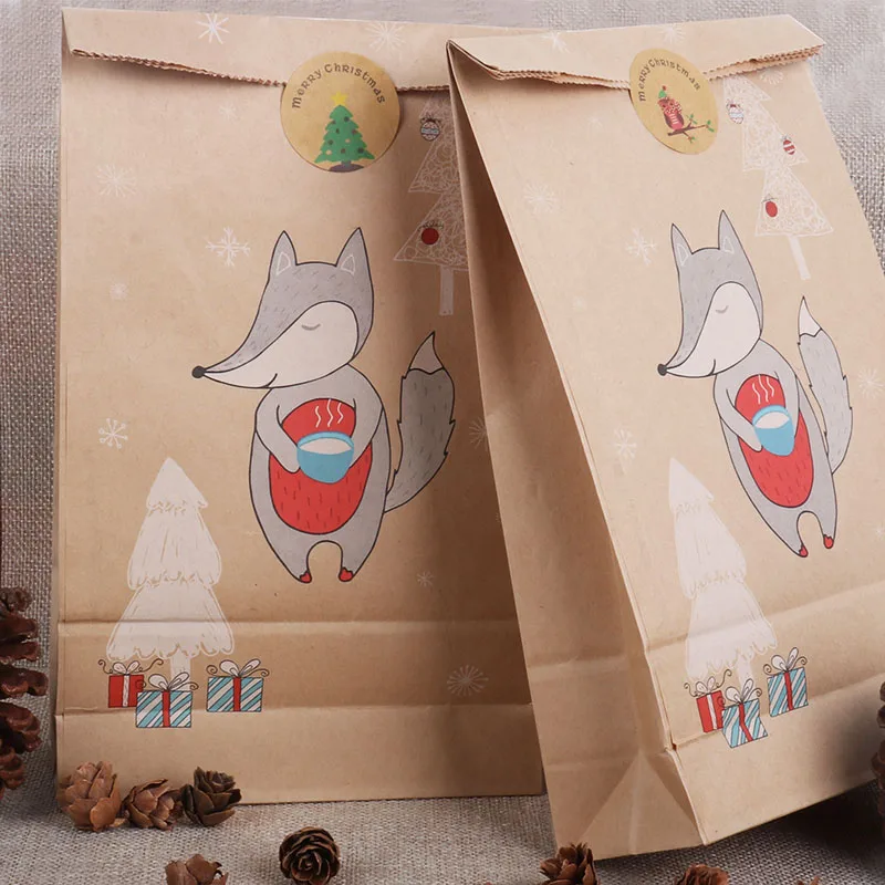 12pcs Christmas Gift Bag Kraft Paper Bags Elk Fox Printing Xmas