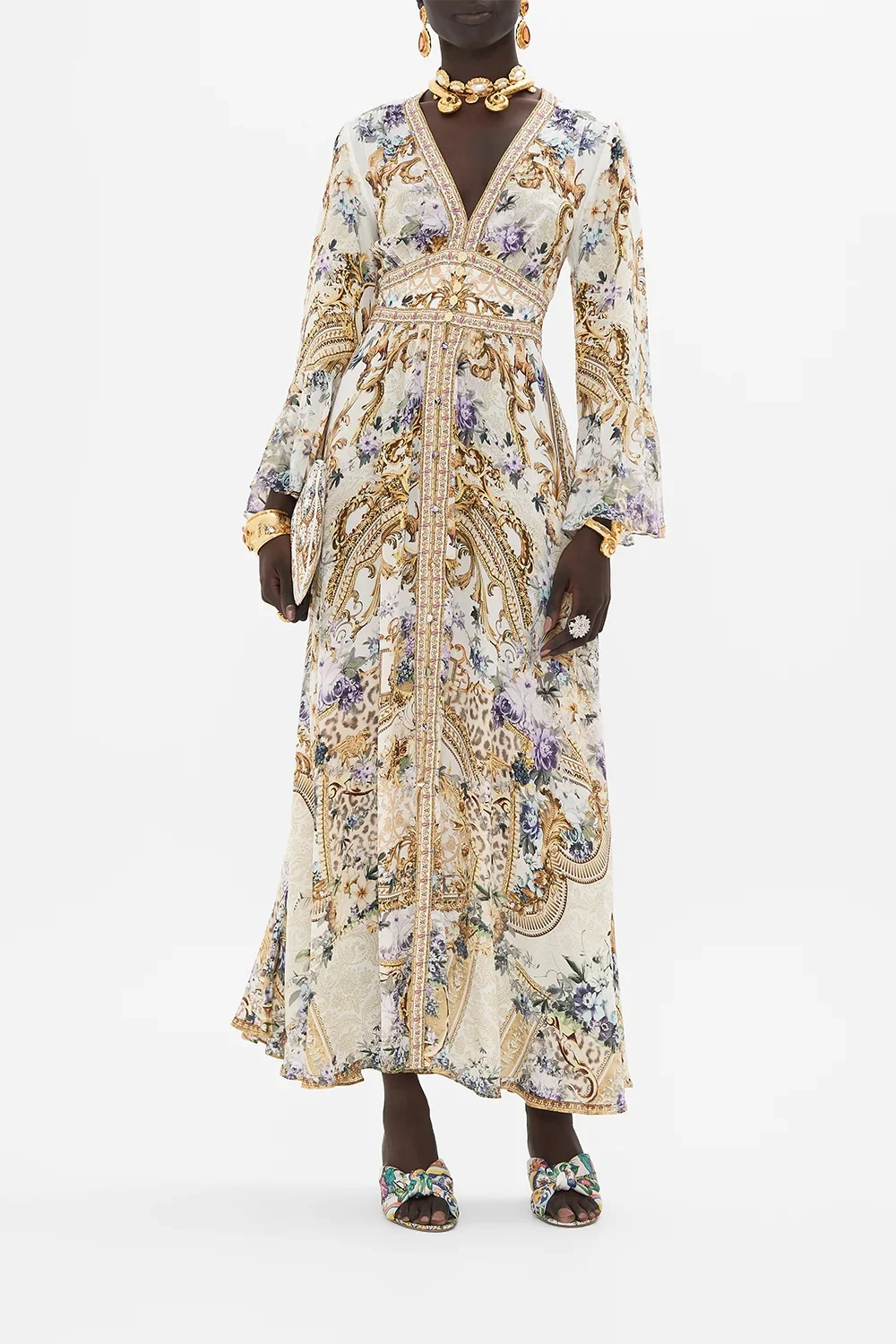 

Women Print V-Neck Flare Long Sleeve High Waist Silk Maxi Dress
