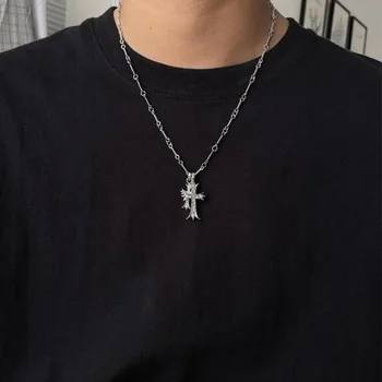 Aesthetic Vintage Double Cross Pendant Necklace Man Silver Color Chain Choker Grunge Goblincore Women Goth Accessories Jewelry