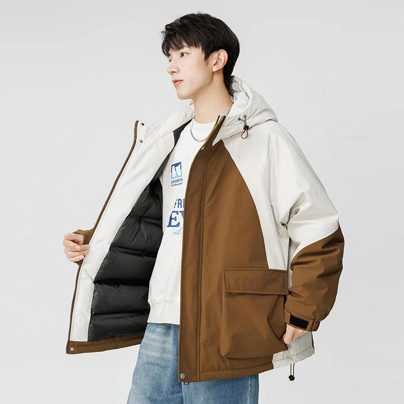 Outdoor Men's Winter Padded Jacket Hooded Zip-up Patchwork Windbreaker Waterproof Outerwear Hiking Fashion Thick Warm Parkas