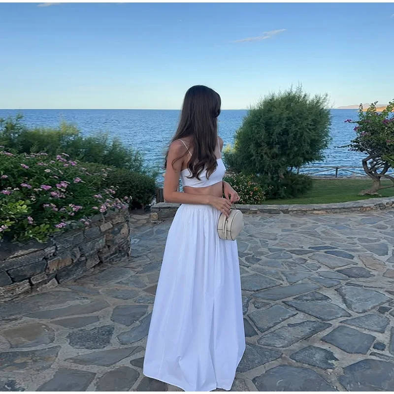 Conjunto de falda larga y camisa de tubo sexy para mujer, camisetas cortas sin mangas retro, conjuntos de faldas plisadas de cintura alta, para vacaciones en la playa