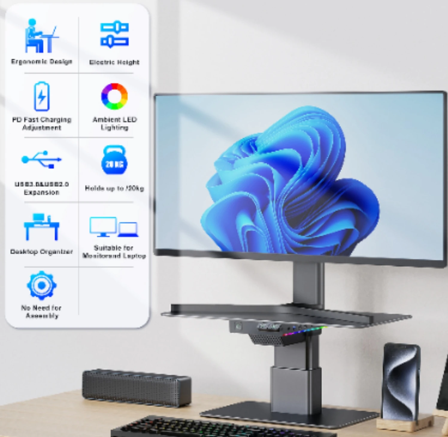 홈 오피스 데스크탑 조절 가능 게이밍 조명 컴퓨터 LED 모니터 받침대 USB 허브 포함