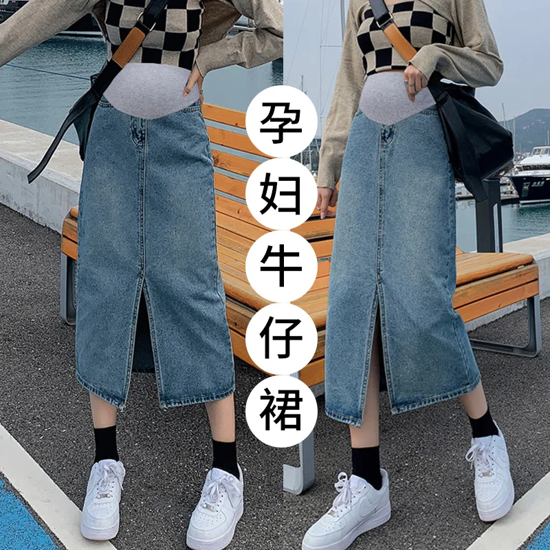 Pregnant Women Skirt Splits Denim Maternity Spring Summer Casual Pencil Straight Daily Wear