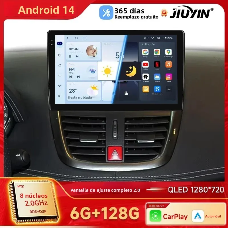 Radio para Auto JIUYIN con CarPlay Inalámbrico para PEUGEOT 207 207CC 2006-2015, Reproductor Multimedia Android 13, Estéreo para Auto con GPS 1