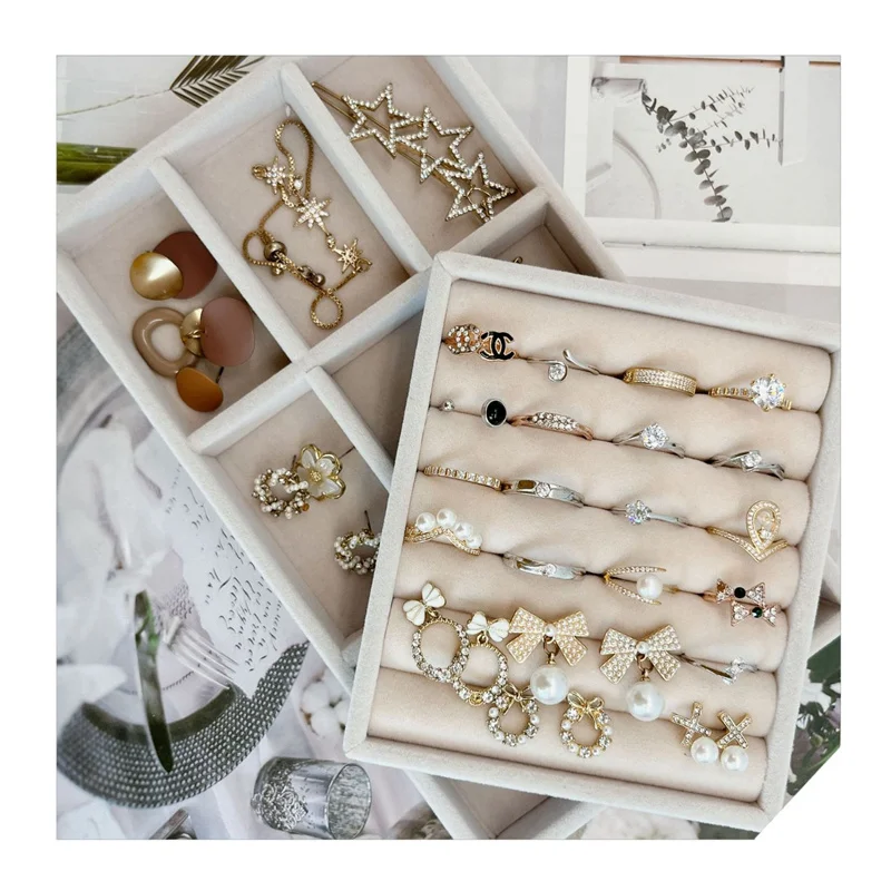 Velvet Jewelry Display Tray Case Stackable Jewelry Holder Portable Ring Earrings Necklace Bracelet Organizer Drawer Storage Box