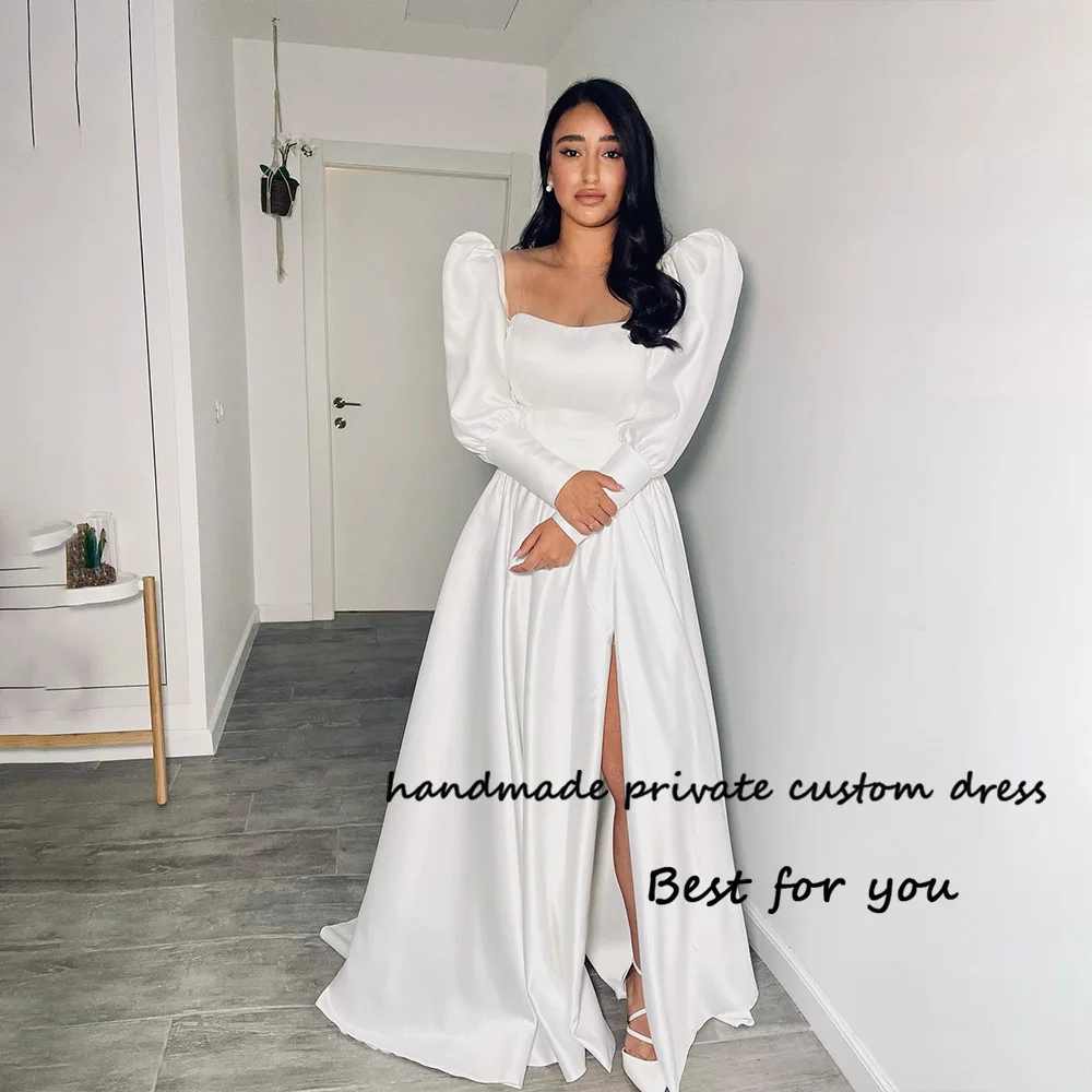 White Satin Long Wedding Bresses Side Split Full Sleeve Elegant Bride Dress Civil Wedding Bridal Gowns Customized 2023 long sleeved winter satin french main wedding dress temperament bride court small tailed wedding dress