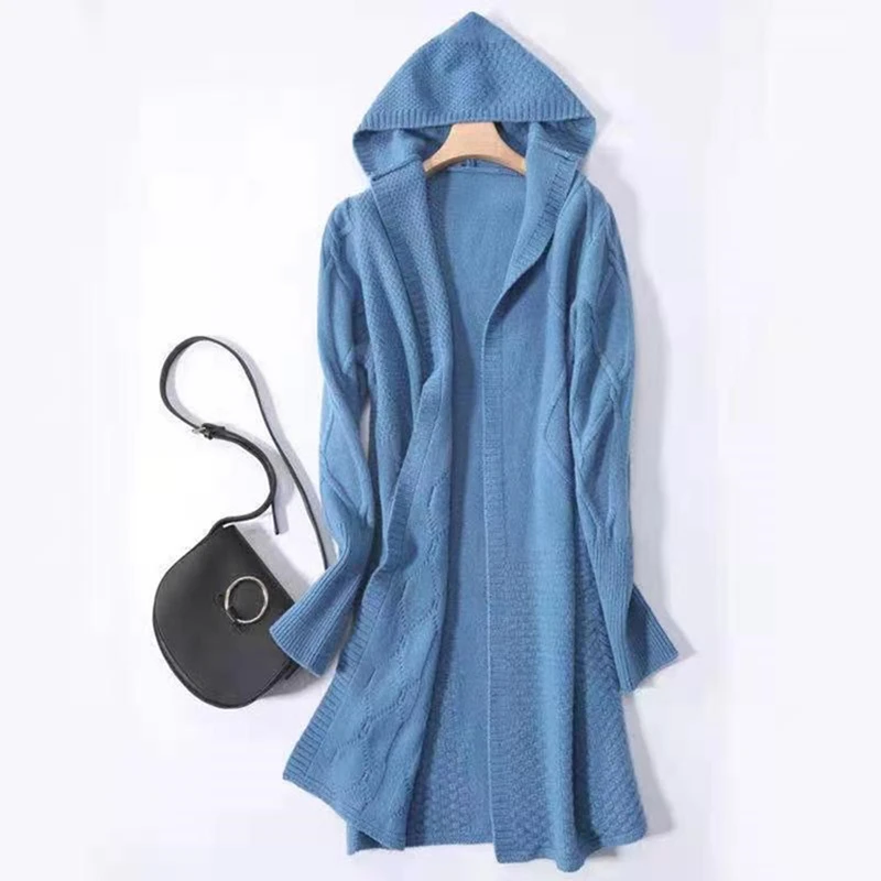 Autumn and Winter Women's New Hooded Knitted Long-sleeved Sweater Medium and Long Zipper Cardigan Women's Solid Color Coat