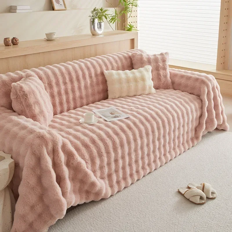 Sofa Cover Towel Imitation Rabbit Plush Universal Non-slip Soft for Living Room Winter