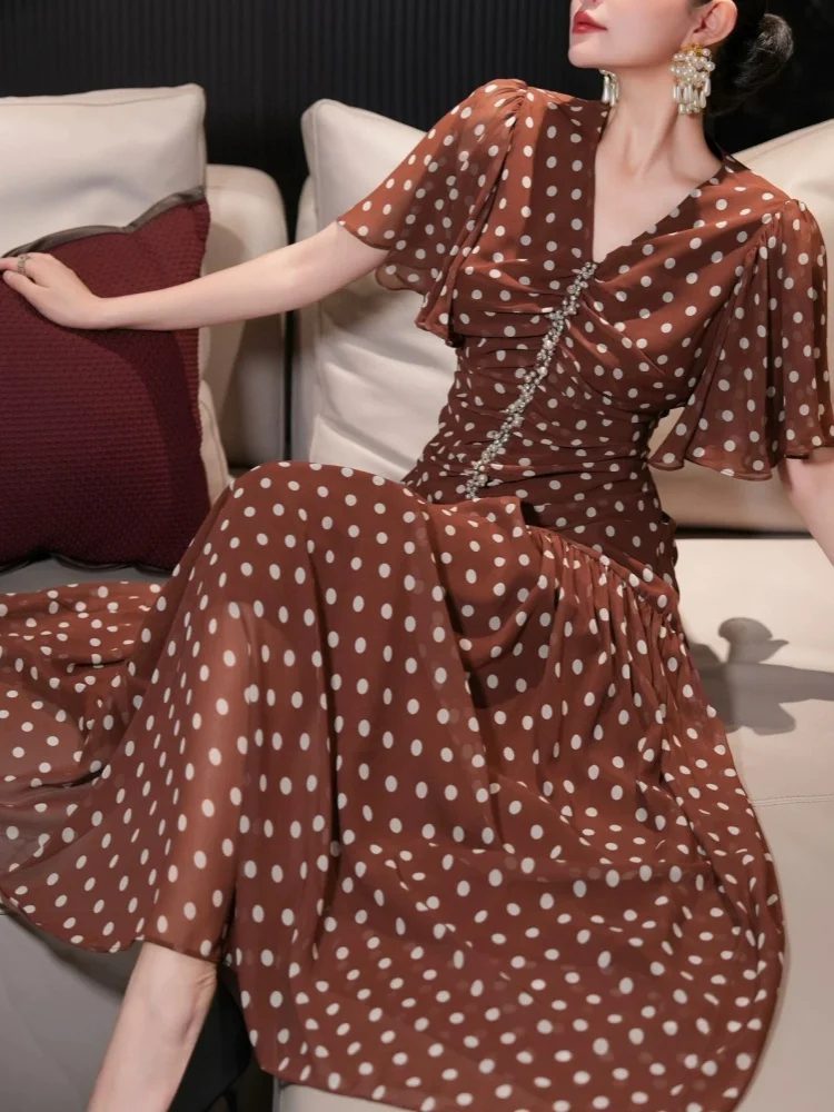 French Elegant Luxury Diamond Studded V-Neck Flared Sleeve Dress