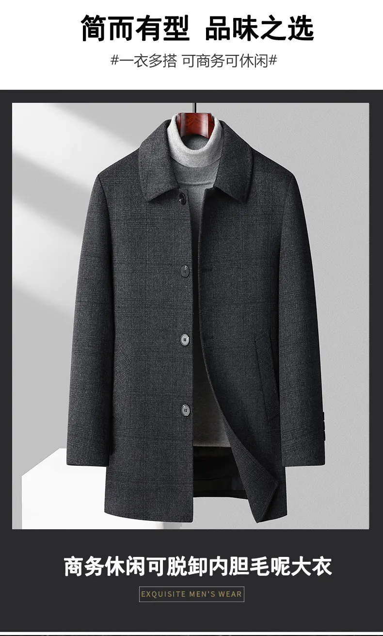 Description Picture 3 of item2023 Winter Men Elegant Cashmere Wool Blend Basic Coat Black Gray Plaid Ovecoat With Thicken Quilted Puff Detachable lining Wear