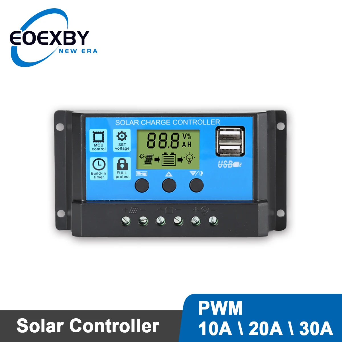 

Контроллер заряда солнечной батареи EOEXBY PWM, 12 В/24 В, 10 А, 20 А, 30 А, зарядное устройство и двойной выход USB 5 В для системы солнечной панели PV