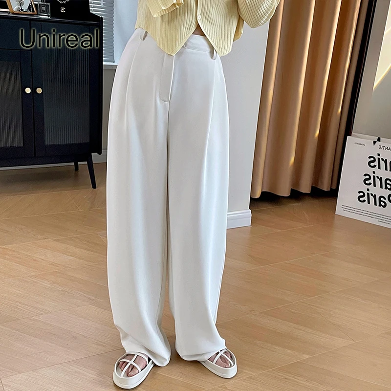 

Unireal 2022 Autumn Women Straight Pant High Waist Solid White Black Casual Blazer Suit Pant Trousers Bottoms