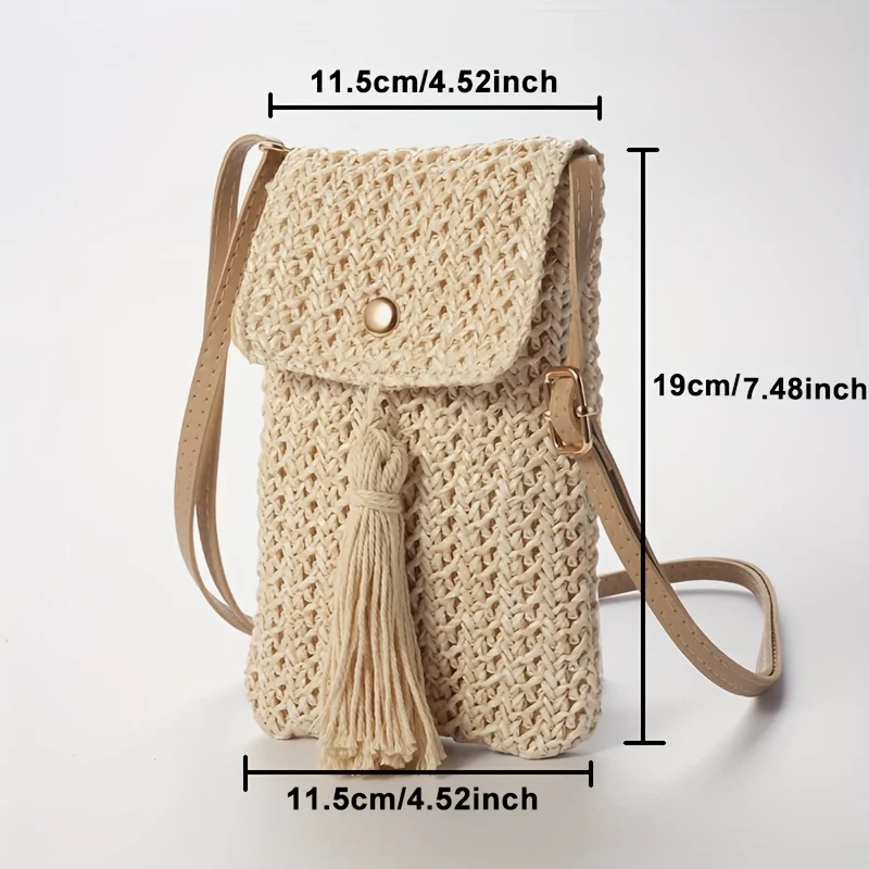 Straw Beach Bag Women Holiday Mobile Phone Shouder Bag Summer Tassel Mini Crossbody Bag for Lady Gril Travel Bohemian Style